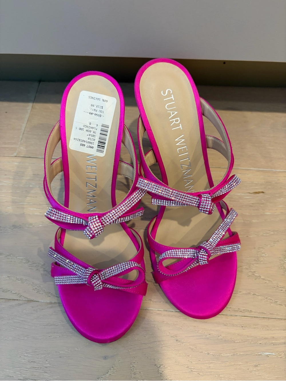 Stuart Weitzman Hot Pink Satin Crystal Bow Slide Heels